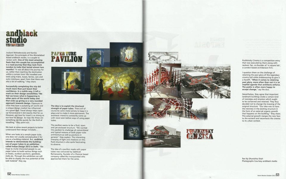 Article on andblack design studio in Home Review Magazine October 2012 Edition, page 1 
